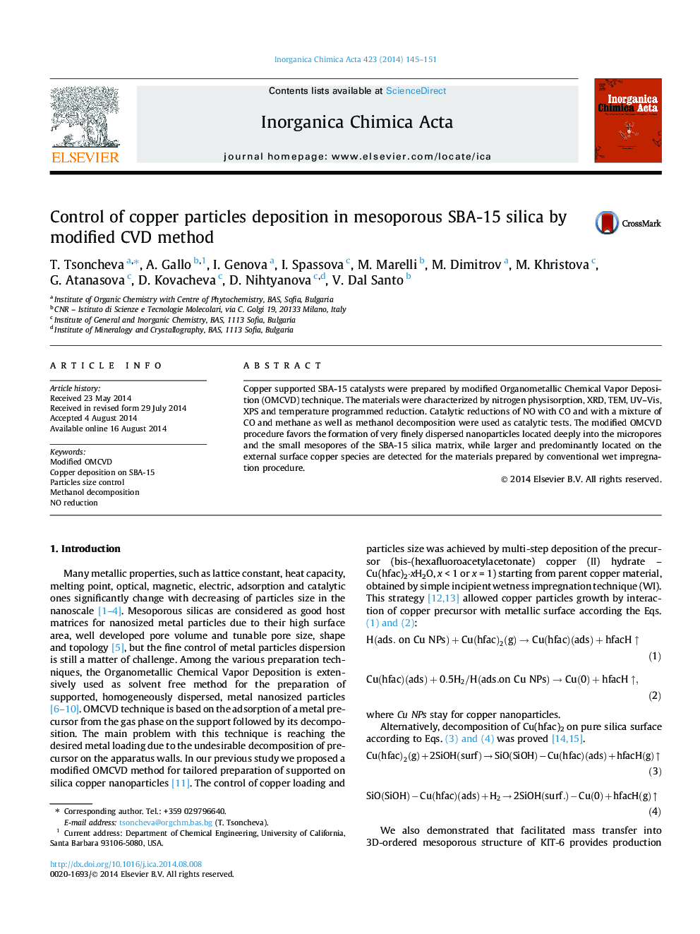 Control of copper particles deposition in mesoporous SBA-15 silica by modified CVD method