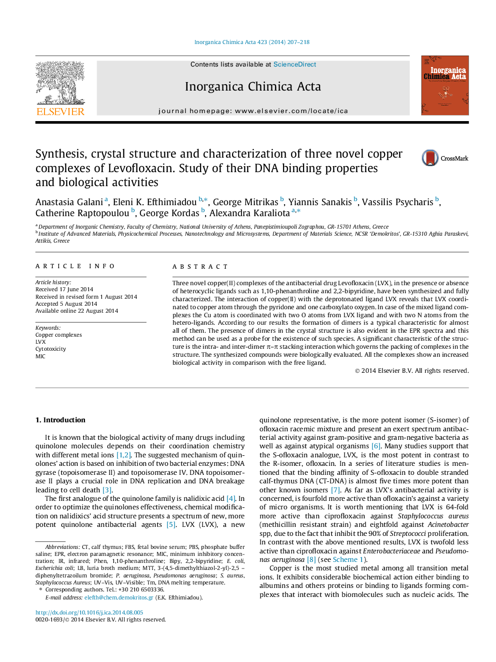 Synthesis, crystal structure and characterization of three novel copper complexes of Levofloxacin. Study of their DNA binding properties and biological activities