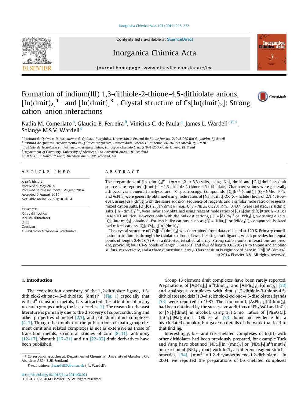 Formation of indium(III) 1,3-dithiole-2-thione-4,5-dithiolate anions, [In(dmit)2]1− and [In(dmit)]3−. Crystal structure of Cs[In(dmit)2]: Strong cation–anion interactions