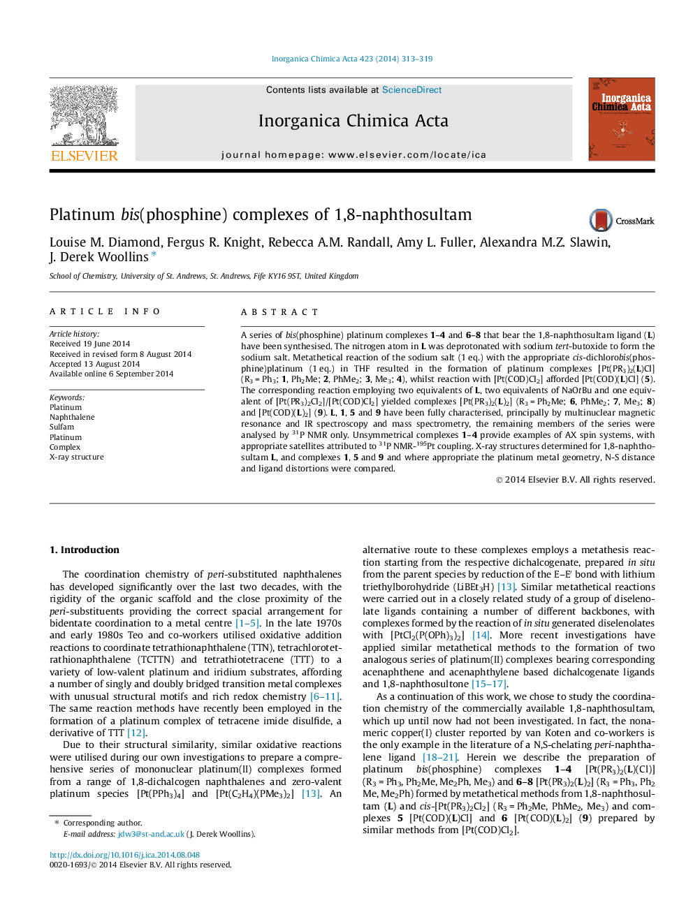 Platinum bis(phosphine) complexes of 1,8-naphthosultam