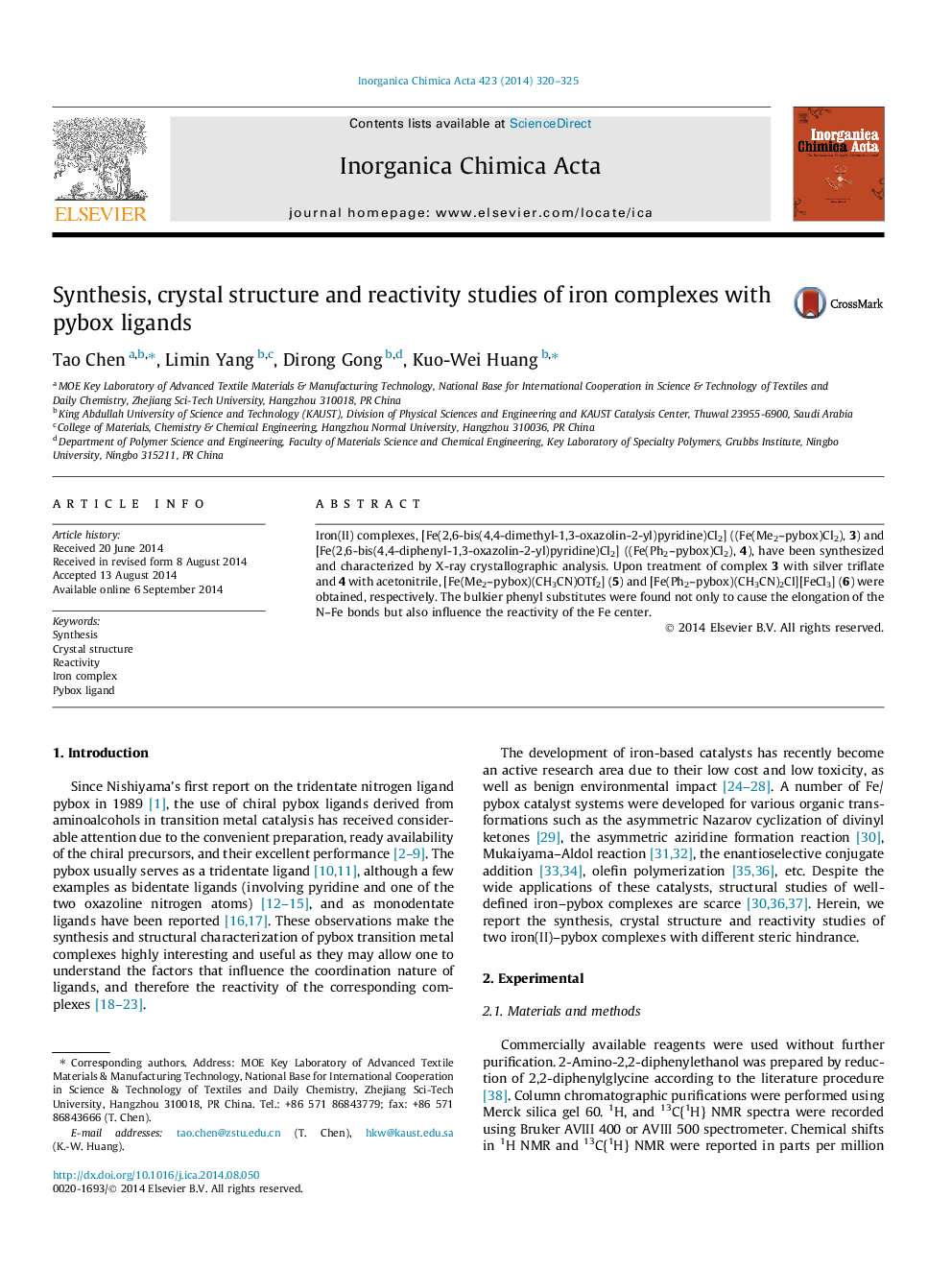 Synthesis, crystal structure and reactivity studies of iron complexes with pybox ligands