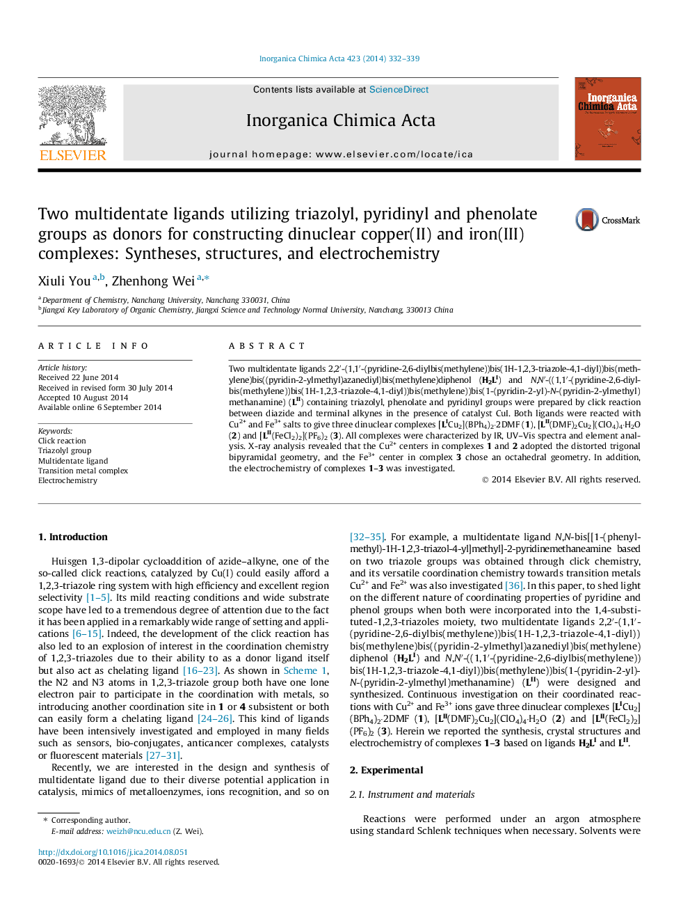 Two multidentate ligands utilizing triazolyl, pyridinyl and phenolate groups as donors for constructing dinuclear copper(II) and iron(III) complexes: Syntheses, structures, and electrochemistry