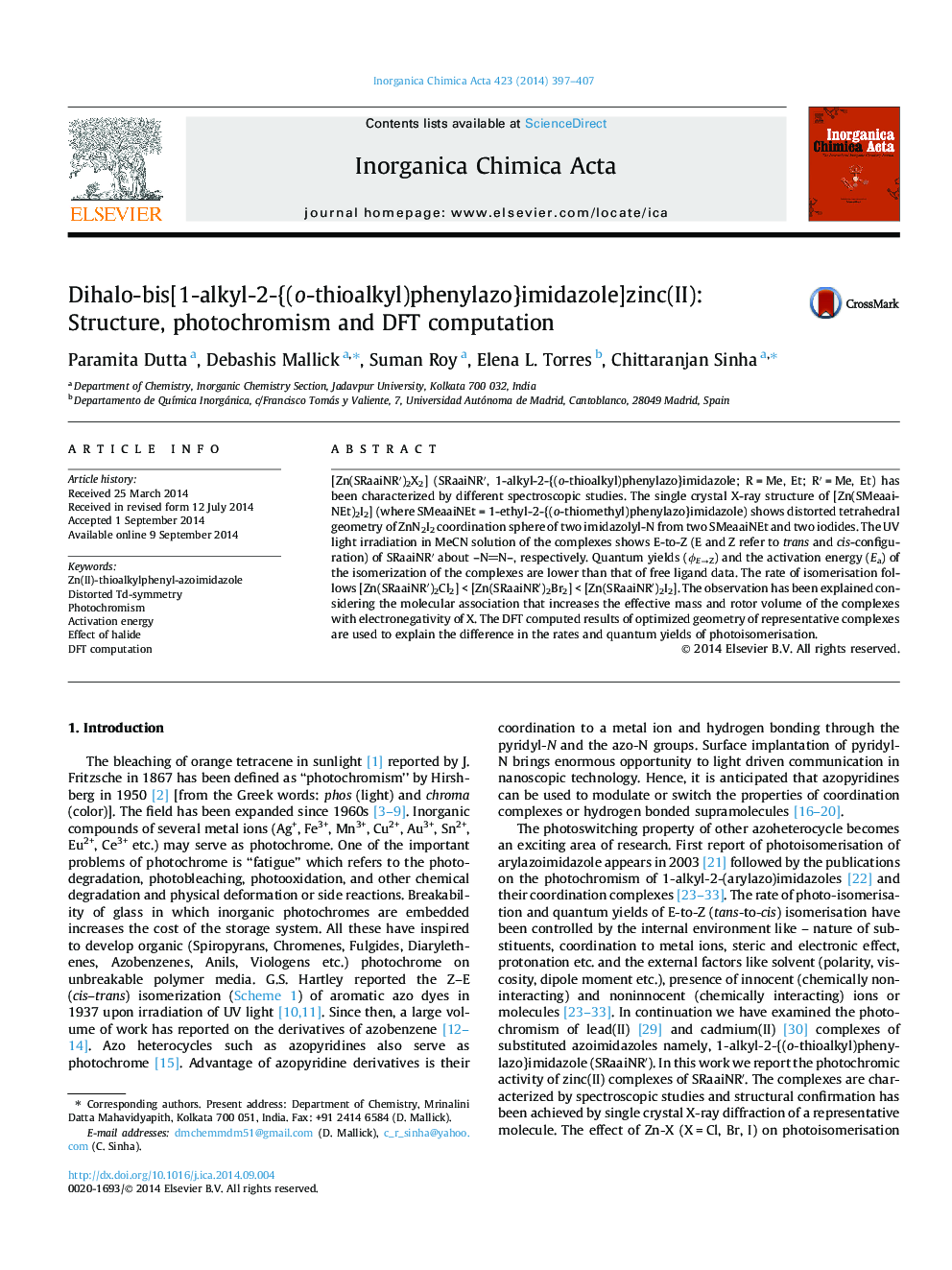 Dihalo-bis[1-alkyl-2-{(o-thioalkyl)phenylazo}imidazole]zinc(II): Structure, photochromism and DFT computation