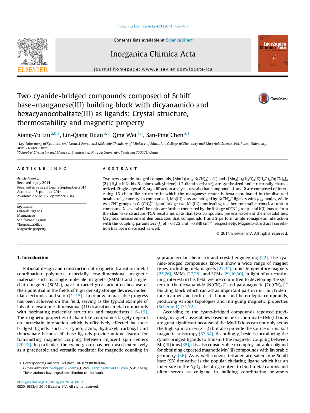 Two cyanide-bridged compounds composed of Schiff base–manganese(III) building block with dicyanamido and hexacyanocobaltate(III) as ligands: Crystal structure, thermostability and magnetic property