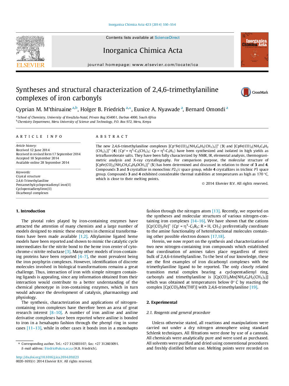 Syntheses and structural characterization of 2,4,6-trimethylaniline complexes of iron carbonyls