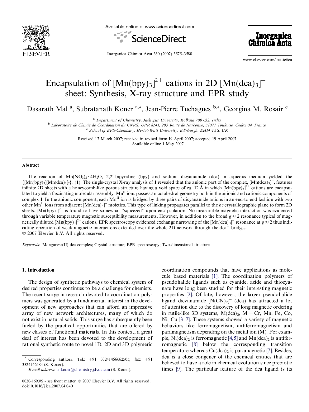 Encapsulation of [Mn(bpy)3]2+ cations in 2D [Mn(dca)3]− sheet: Synthesis, X-ray structure and EPR study