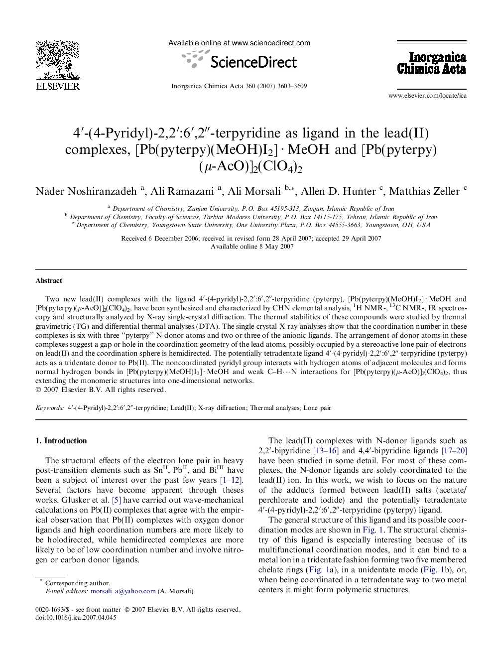 4′-(4-Pyridyl)-2,2′:6′,2″-terpyridine as ligand in the lead(II) complexes, [Pb(pyterpy)(MeOH)I2] · MeOH and [Pb(pyterpy)(μ-AcO)]2(ClO4)2