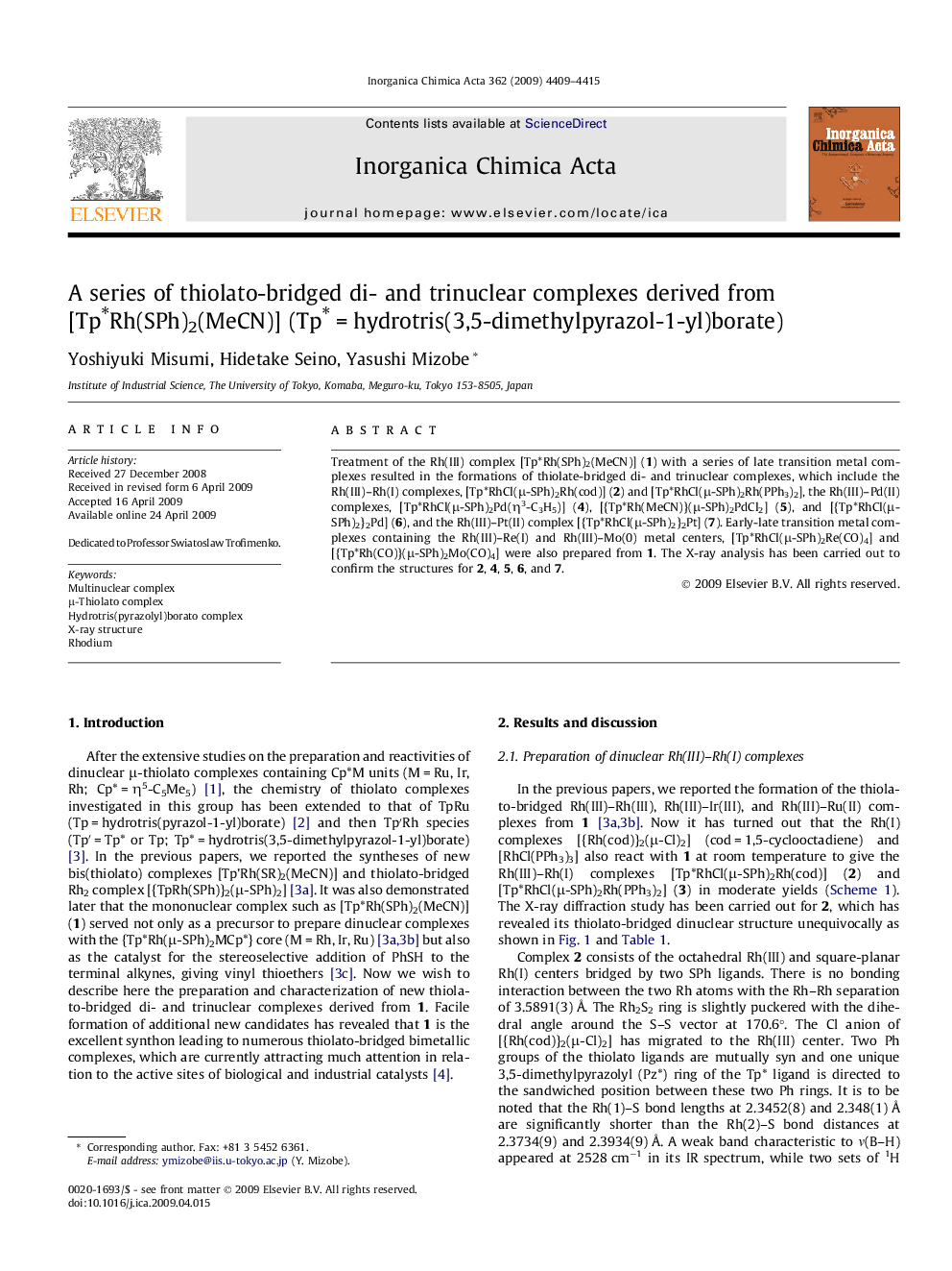 A series of thiolato-bridged di- and trinuclear complexes derived from [TpâRh(SPh)2(MeCN)] (TpâÂ =Â hydrotris(3,5-dimethylpyrazol-1-yl)borate)