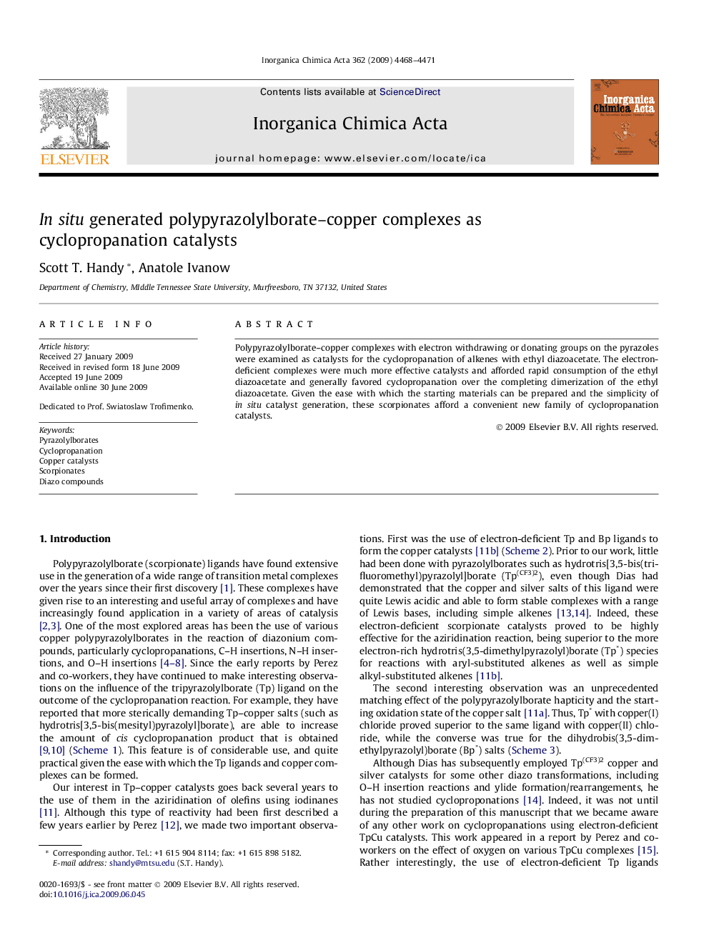 In situ generated polypyrazolylborate–copper complexes as cyclopropanation catalysts