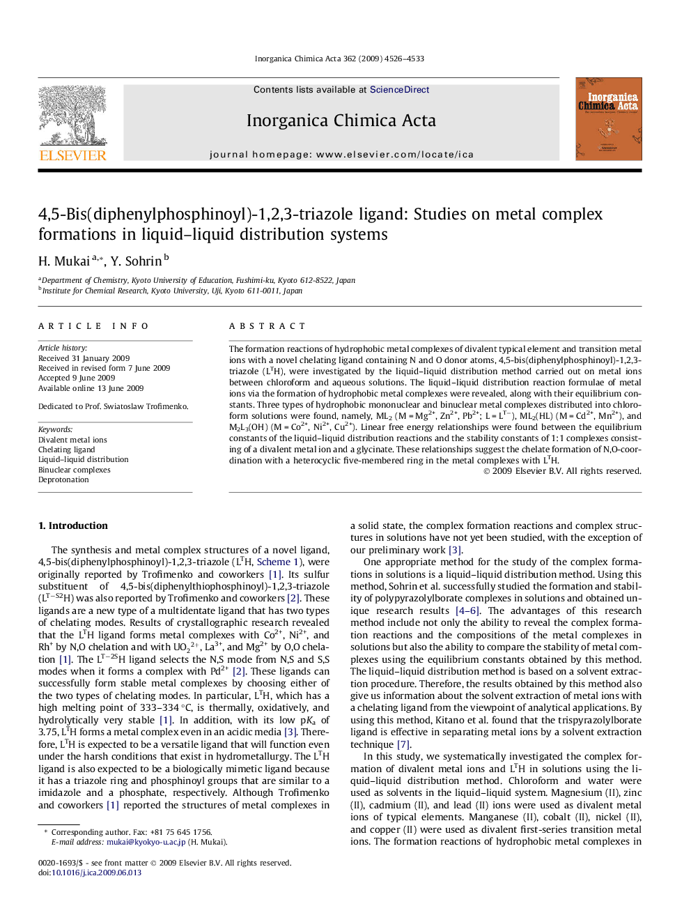 4,5-Bis(diphenylphosphinoyl)-1,2,3-triazole ligand: Studies on metal complex formations in liquid–liquid distribution systems