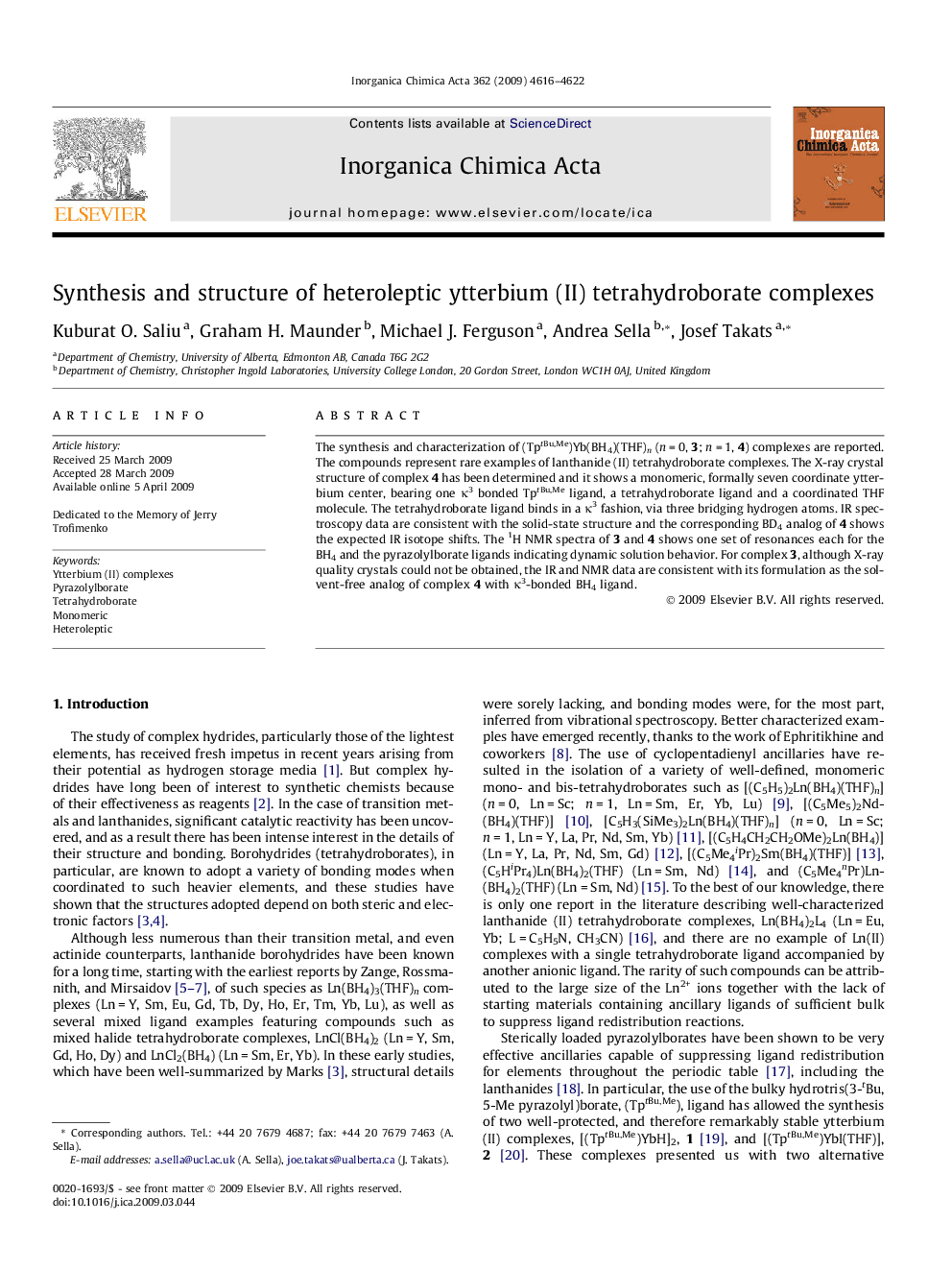 Synthesis and structure of heteroleptic ytterbium (II) tetrahydroborate complexes