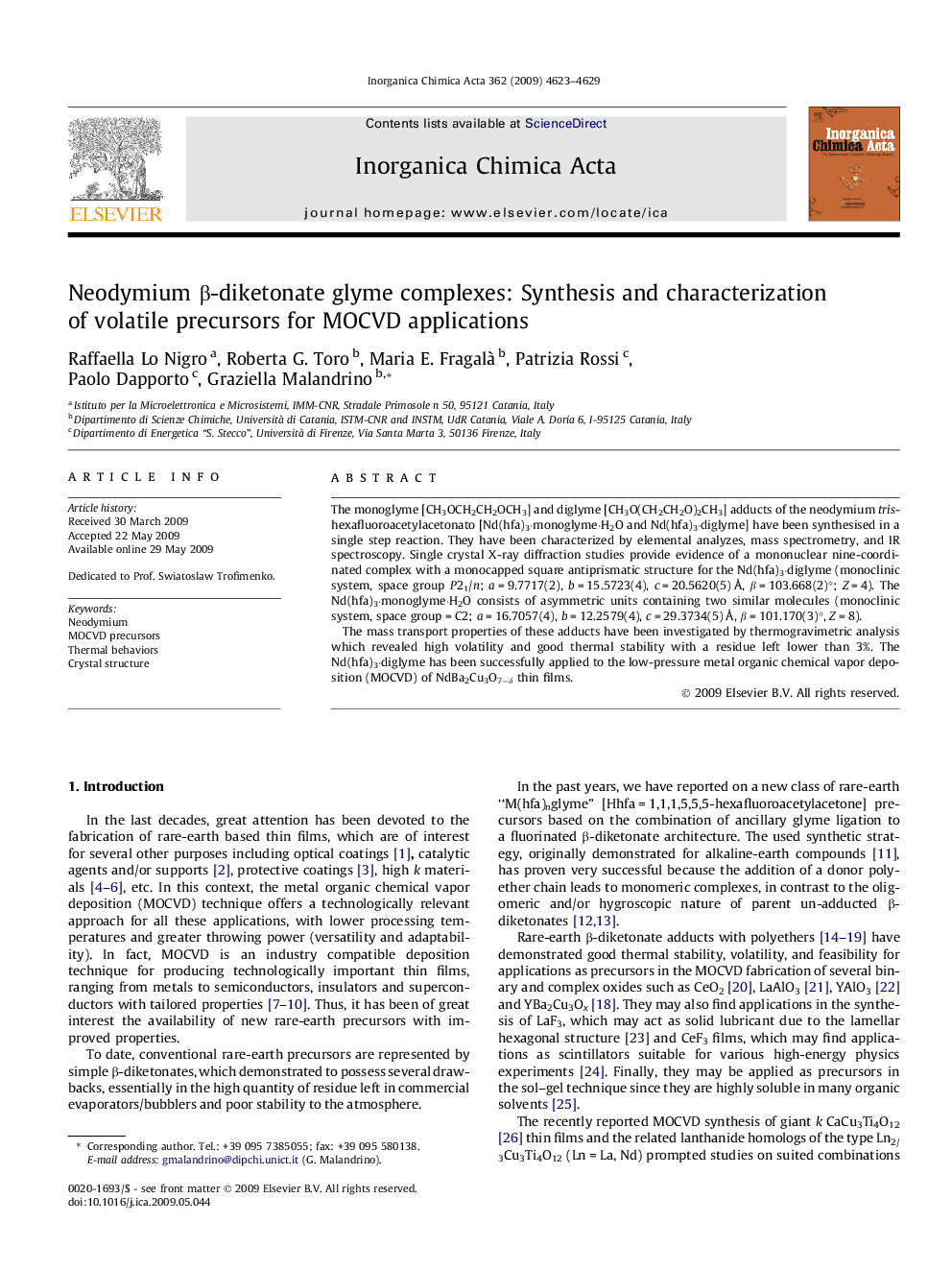 Neodymium β-diketonate glyme complexes: Synthesis and characterization of volatile precursors for MOCVD applications