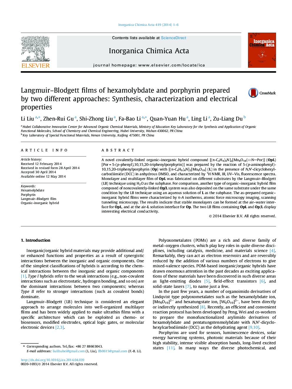 Langmuir–Blodgett films of hexamolybdate and porphyrin prepared by two different approaches: Synthesis, characterization and electrical properties