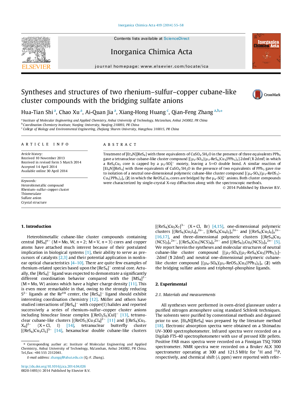 Syntheses and structures of two rhenium–sulfur–copper cubane-like cluster compounds with the bridging sulfate anions