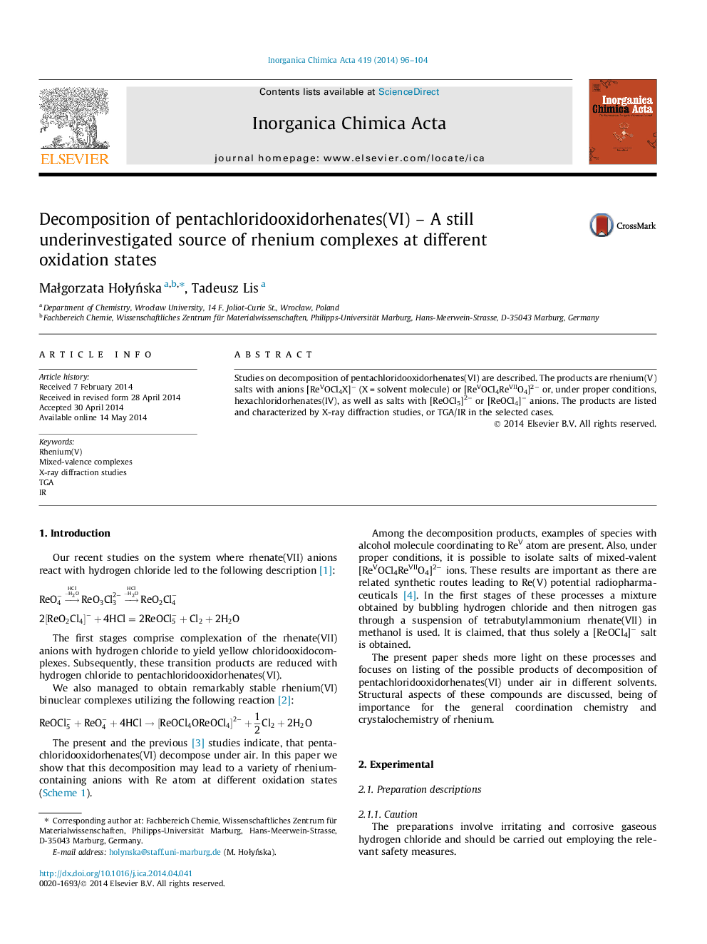 Decomposition of pentachloridooxidorhenates(VI) – A still underinvestigated source of rhenium complexes at different oxidation states