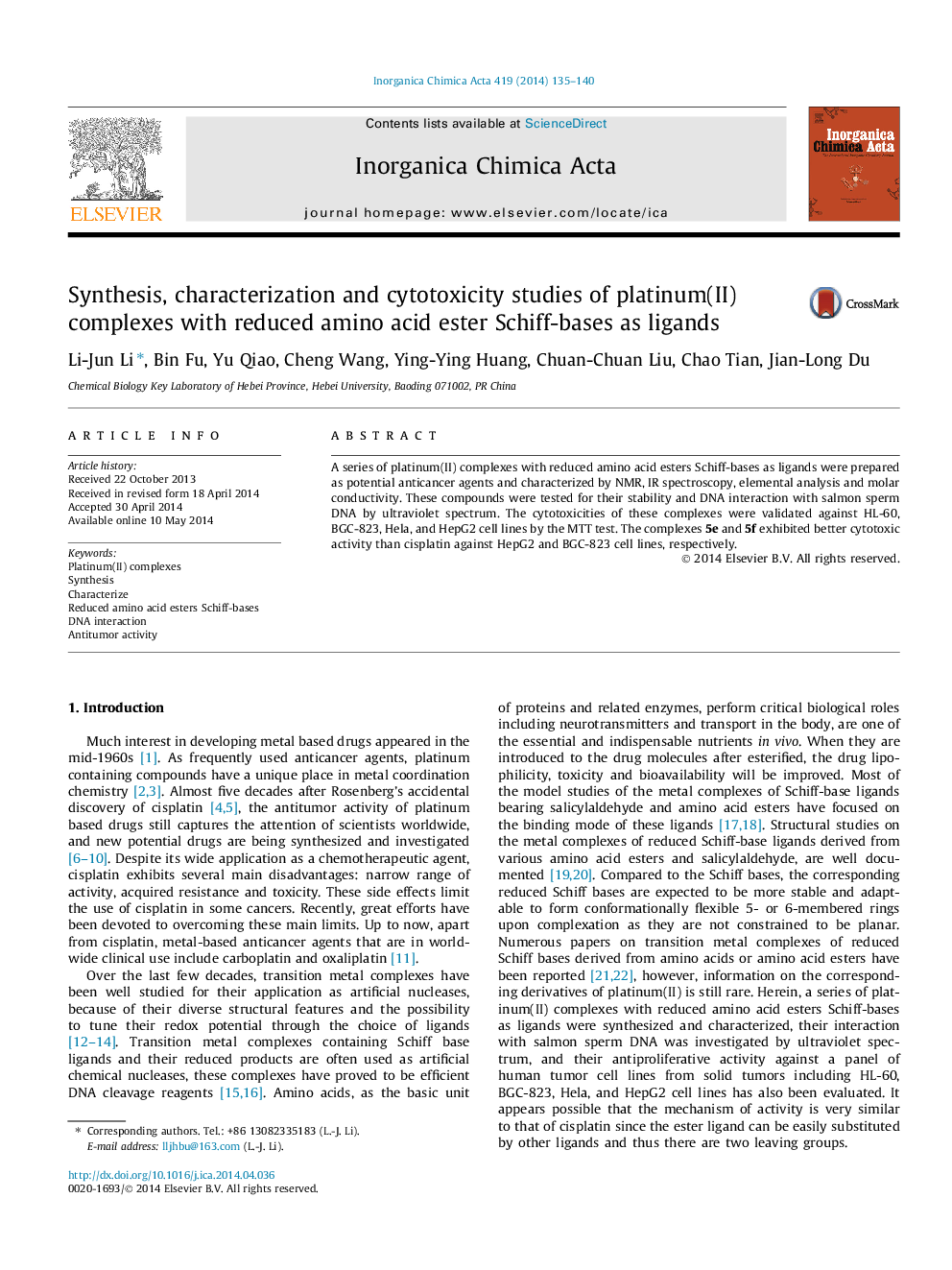 Synthesis, characterization and cytotoxicity studies of platinum(II) complexes with reduced amino acid ester Schiff-bases as ligands