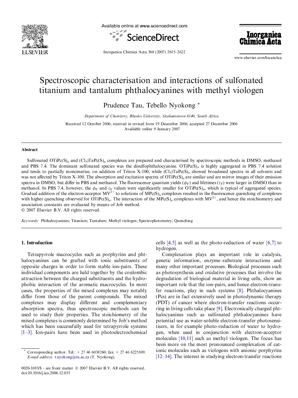 Spectroscopic characterisation and interactions of sulfonated titanium and tantalum phthalocyanines with methyl viologen