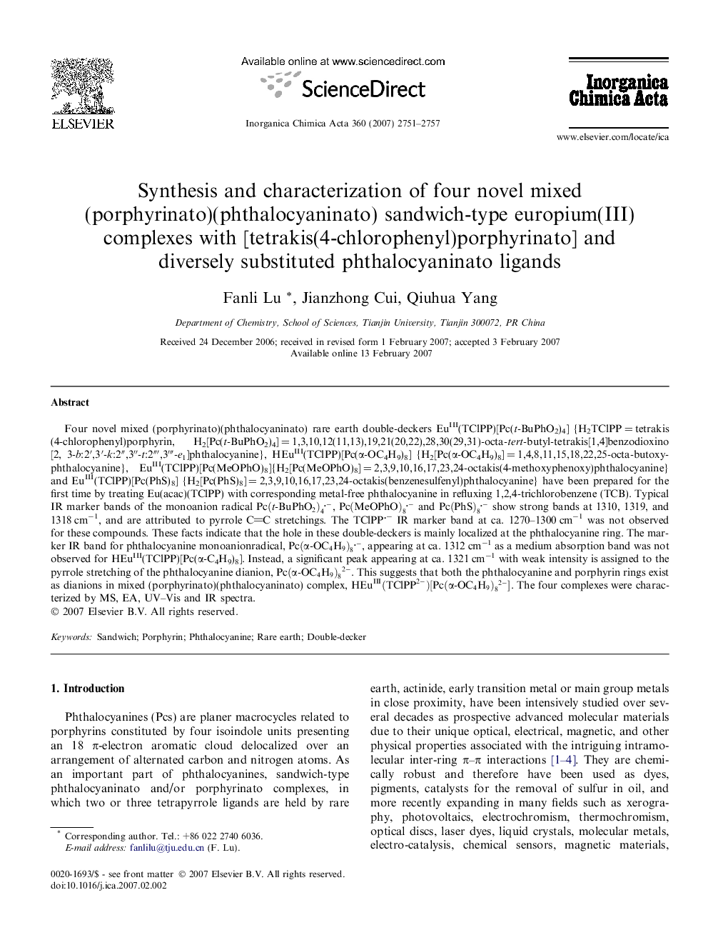 Synthesis and characterization of four novel mixed (porphyrinato)(phthalocyaninato) sandwich-type europium(III) complexes with [tetrakis(4-chlorophenyl)porphyrinato] and diversely substituted phthalocyaninato ligands