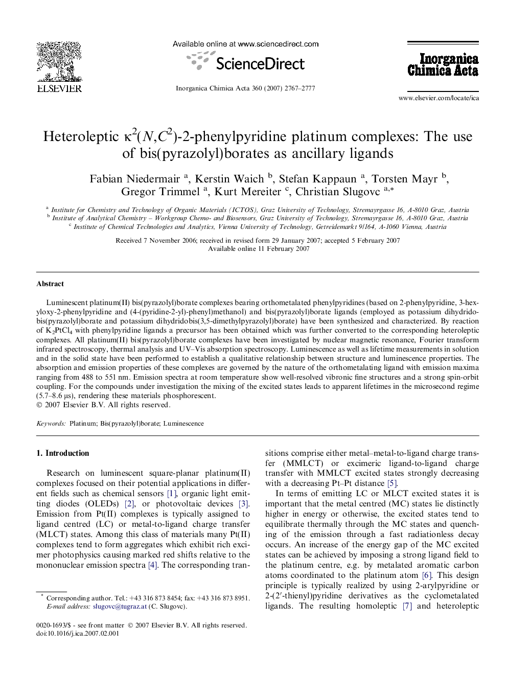 Heteroleptic κ2(N,C2)-2-phenylpyridine platinum complexes: The use of bis(pyrazolyl)borates as ancillary ligands