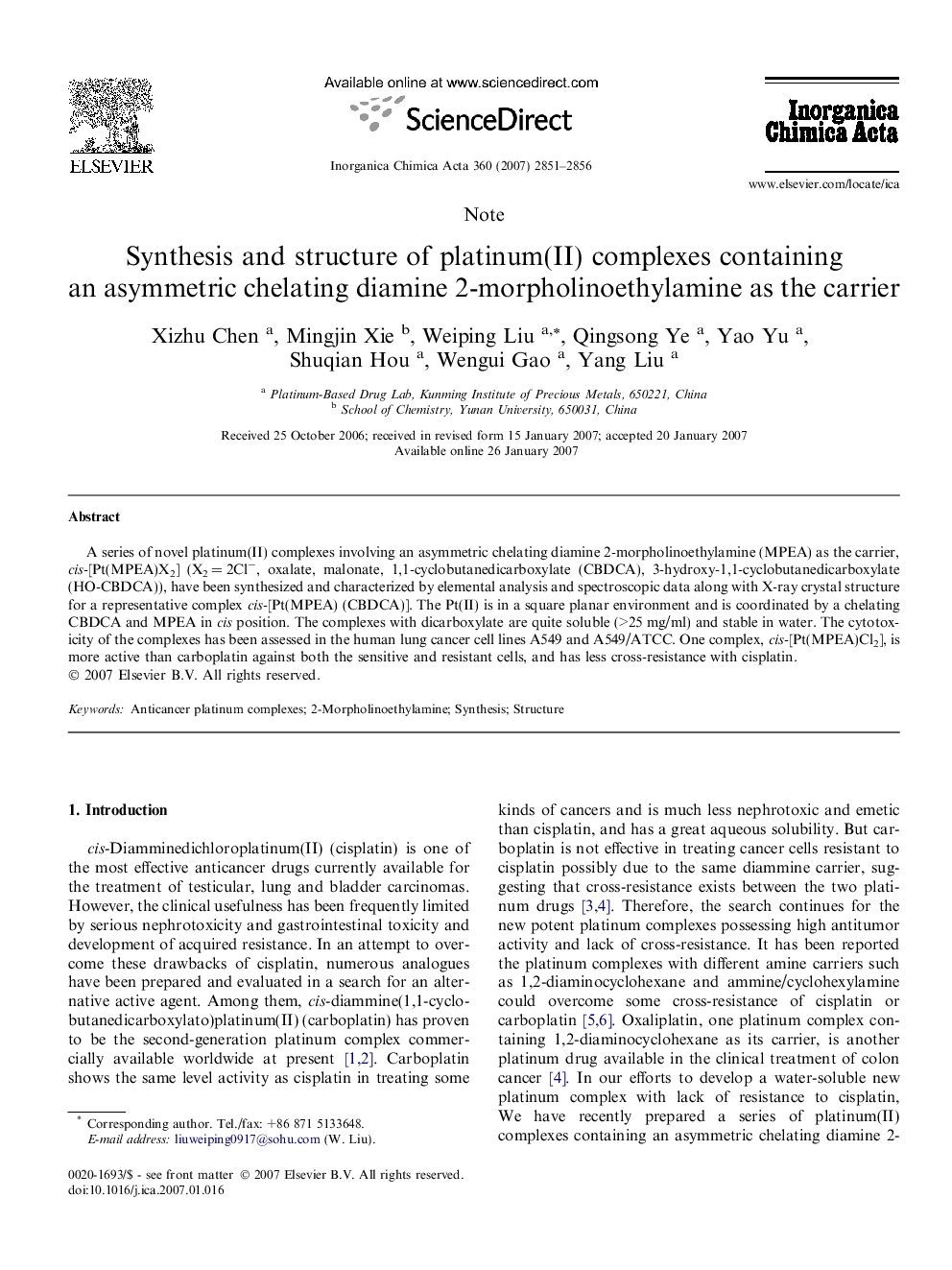 Synthesis and structure of platinum(II) complexes containing an asymmetric chelating diamine 2-morpholinoethylamine as the carrier
