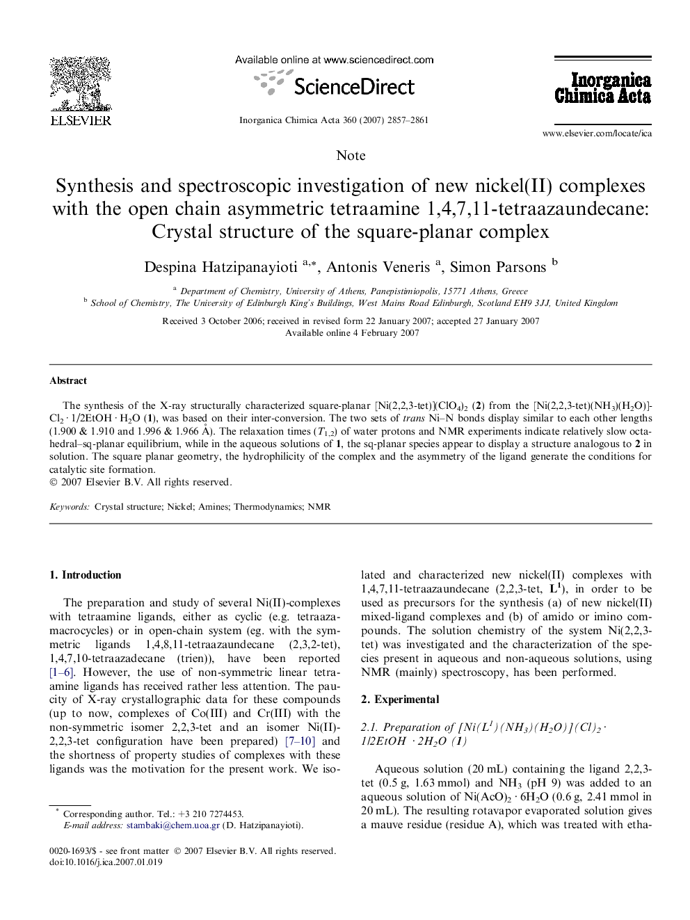 Synthesis and spectroscopic investigation of new nickel(II) complexes with the open chain asymmetric tetraamine 1,4,7,11-tetraazaundecane: Crystal structure of the square-planar complex