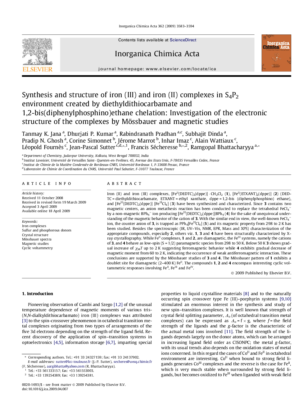 Synthesis and structure of iron (III) and iron (II) complexes in S4P2 environment created by diethyldithiocarbamate and 1,2-bis(diphenylphosphino)ethane chelation: Investigation of the electronic structure of the complexes by Mössbauer and magnetic studie