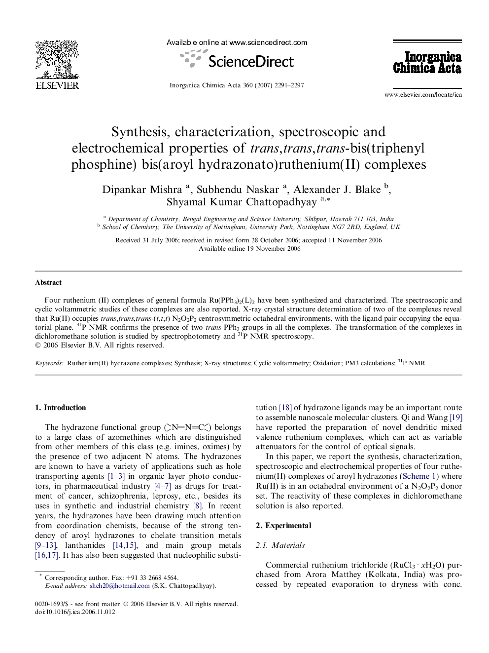 عکس صفحه اول مقاله: Synthesis, characterization, spectroscopic and electrochemical properties of trans,trans,trans-bis(triphenyl phosphine) bis(aroyl hydrazonato)ruthenium(II) complexes Synthesis, characterization, spectroscopic and electrochemical properties of trans,trans,trans-bis(triphenyl phosphine) bis(aroyl hydrazonato)ruthenium(II) complexes