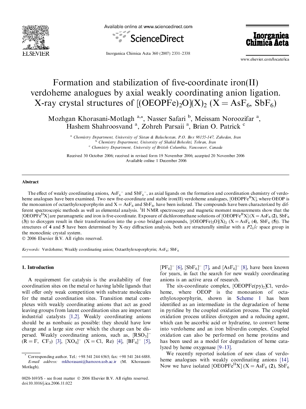 Formation and stabilization of five-coordinate iron(II) verdoheme analogues by axial weakly coordinating anion ligation. X-ray crystal structures of [(OEOPFe)2O](X)2 (X = AsF6, SbF6)