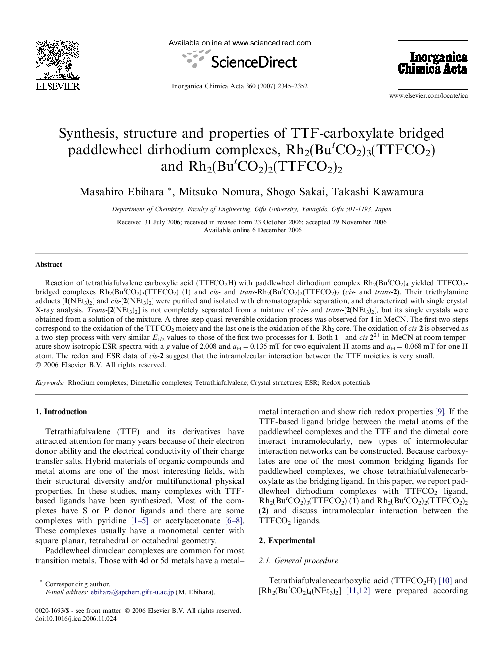 Synthesis, structure and properties of TTF-carboxylate bridged paddlewheel dirhodium complexes, Rh2(ButCO2)3(TTFCO2) and Rh2(ButCO2)2(TTFCO2)2