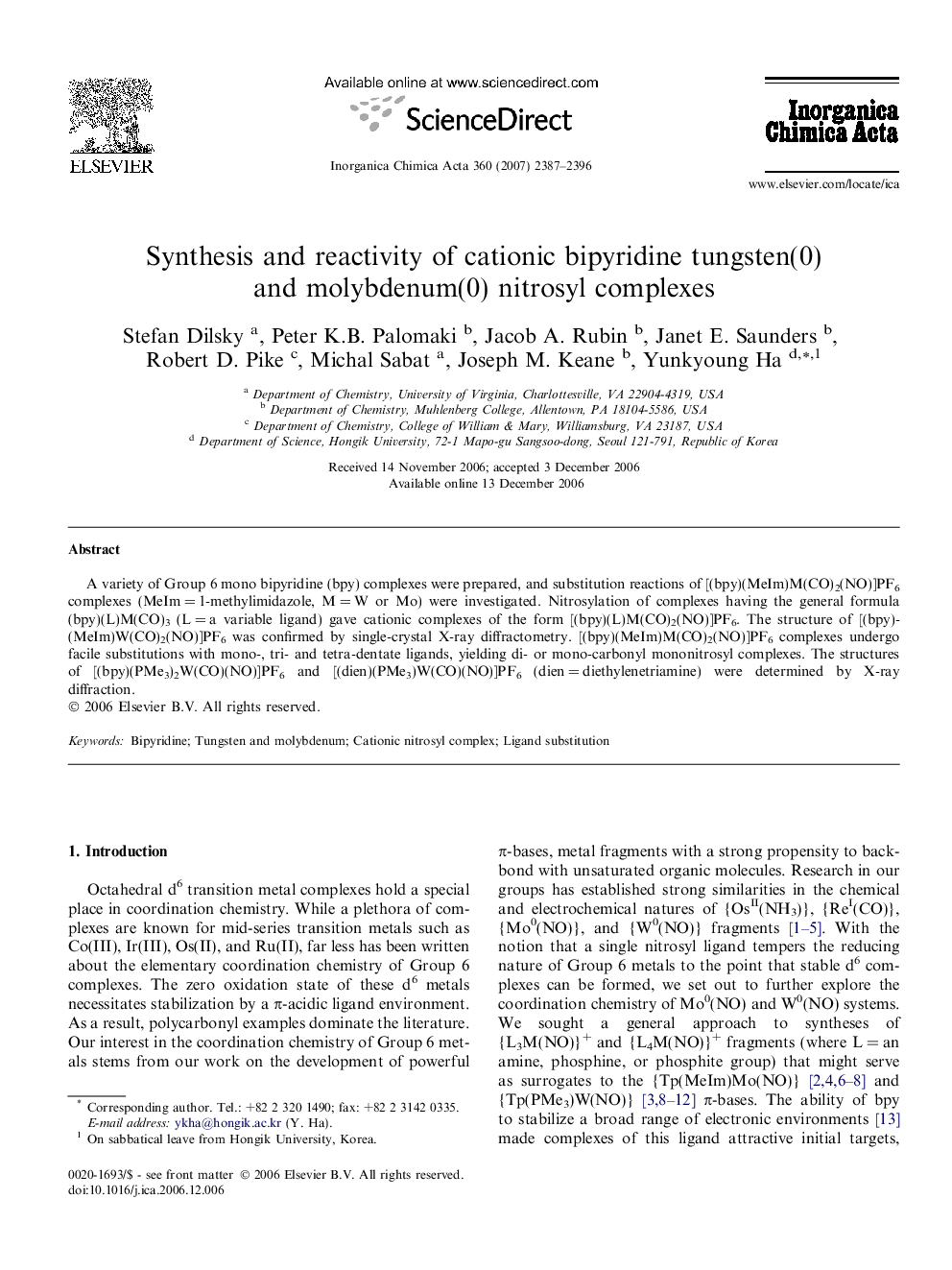 Synthesis and reactivity of cationic bipyridine tungsten(0) and molybdenum(0) nitrosyl complexes