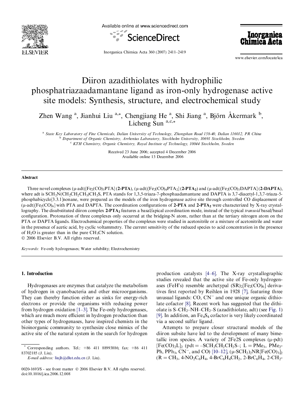 عکس صفحه اول مقاله: Diiron azadithiolates with hydrophilic phosphatriazaadamantane ligand as iron-only hydrogenase active site models: Synthesis, structure, and electrochemical study Diiron azadithiolates with hydrophilic phosphatriazaadamantane ligand as iron-only hydrogenase active site models: Synthesis, structure, and electrochemical study