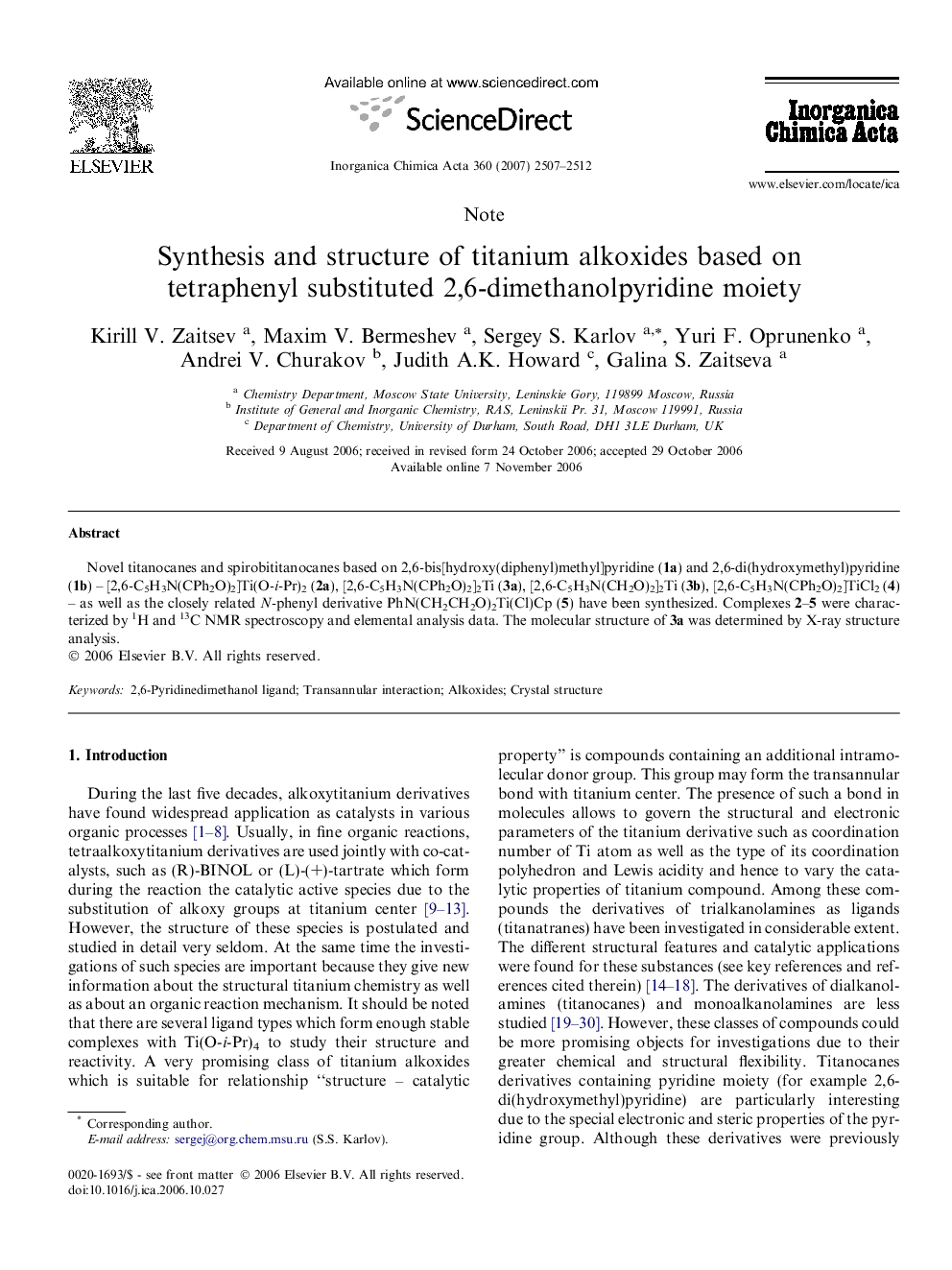 Synthesis and structure of titanium alkoxides based on tetraphenyl substituted 2,6-dimethanolpyridine moiety