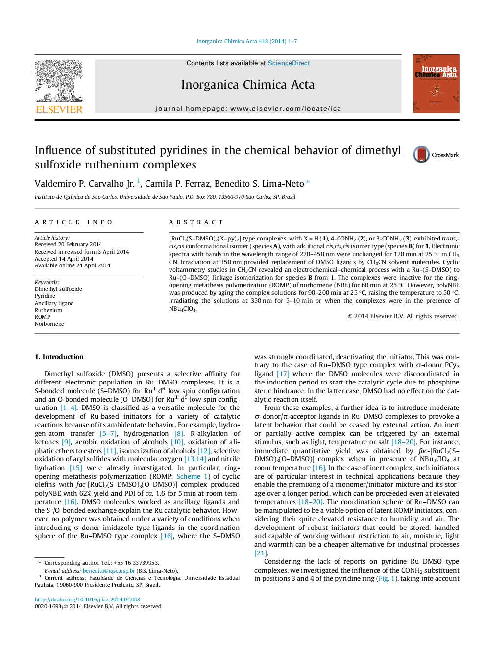 Influence of substituted pyridines in the chemical behavior of dimethyl sulfoxide ruthenium complexes