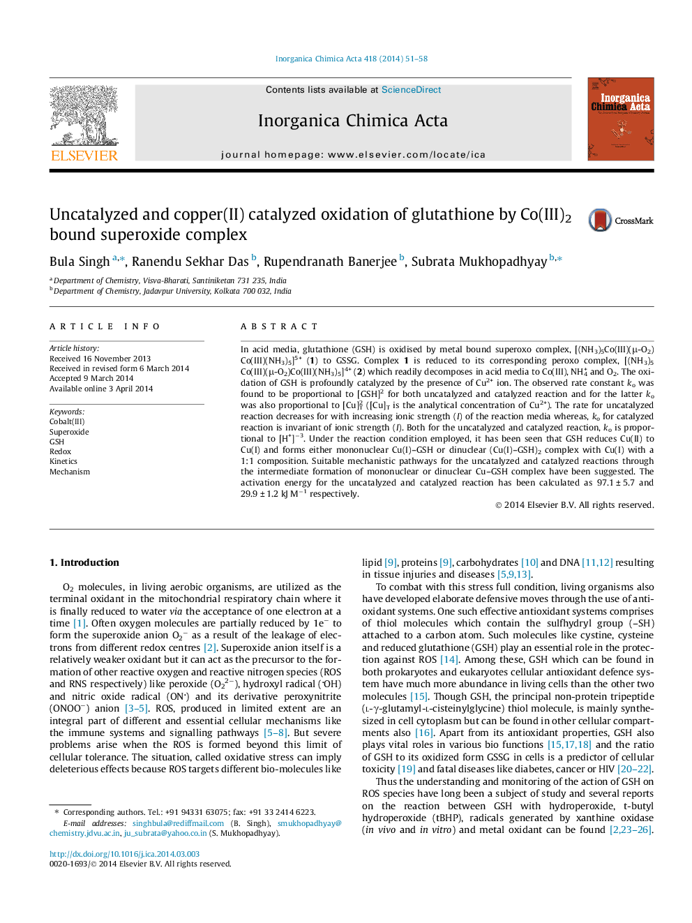 Uncatalyzed and copper(II) catalyzed oxidation of glutathione by Co(III)2 bound superoxide complex