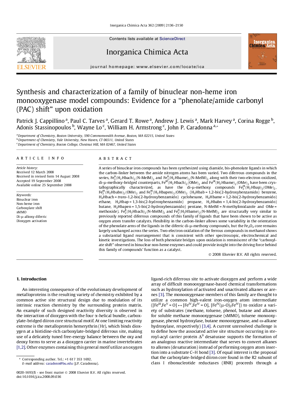 Synthesis and characterization of a family of binuclear non-heme iron monooxygenase model compounds: Evidence for a “phenolate/amide carbonyl (PAC) shift” upon oxidation