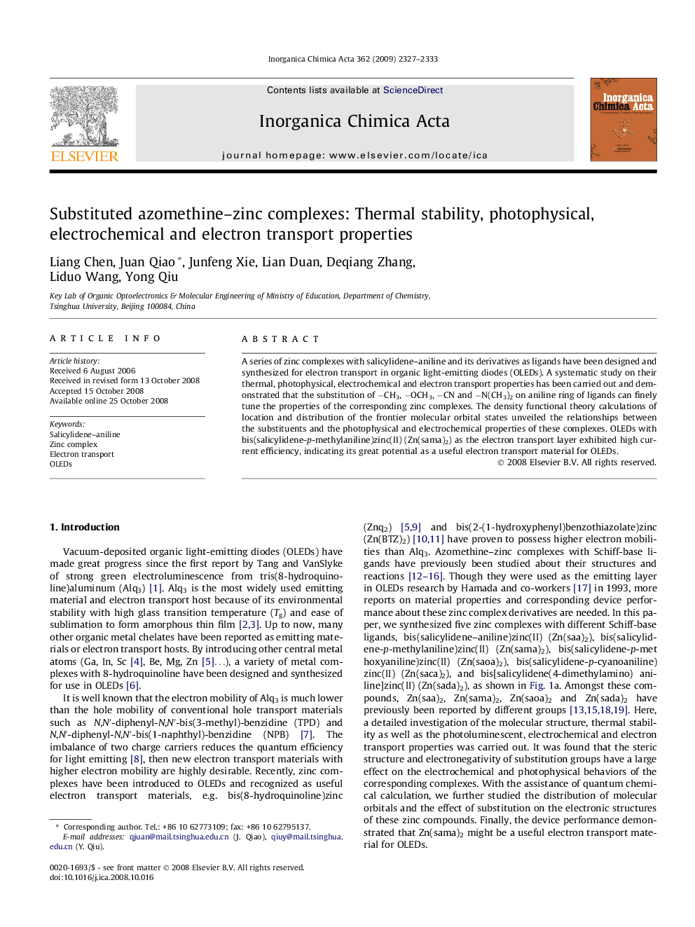 Substituted azomethine–zinc complexes: Thermal stability, photophysical, electrochemical and electron transport properties