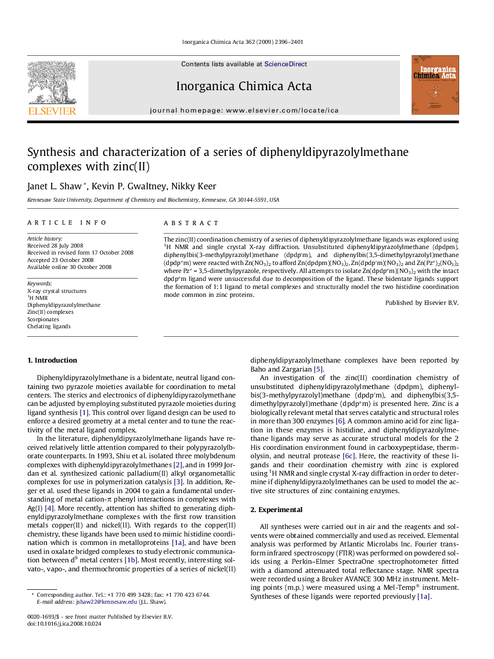 Synthesis and characterization of a series of diphenyldipyrazolylmethane complexes with zinc(II)