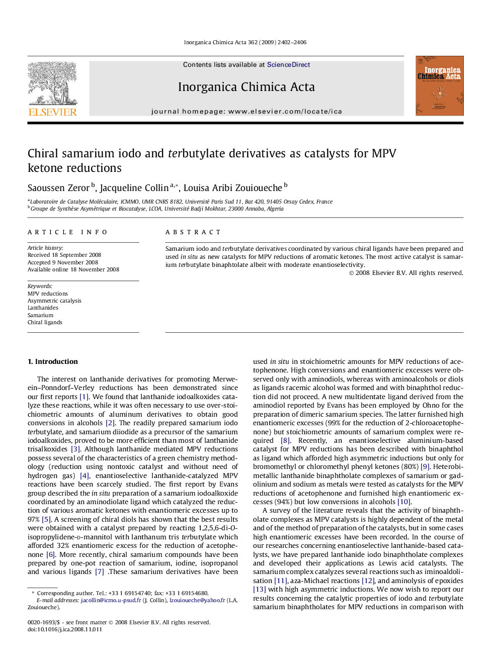 Chiral samarium iodo and terbutylate derivatives as catalysts for MPV ketone reductions