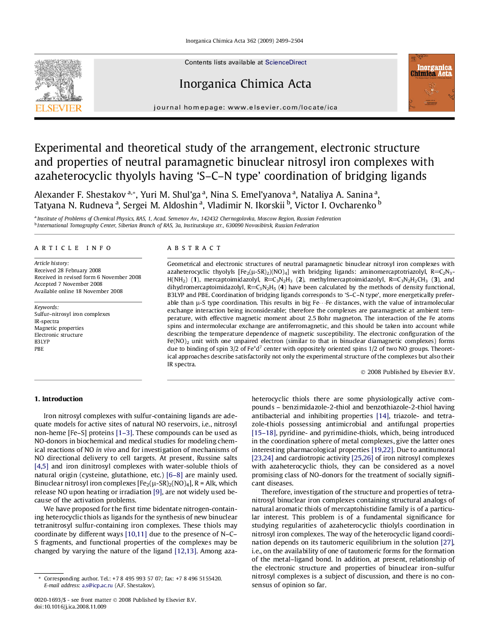 Experimental and theoretical study of the arrangement, electronic structure and properties of neutral paramagnetic binuclear nitrosyl iron complexes with azaheterocyclic thyolyls having 'S-C-N type' coordination of bridging ligands