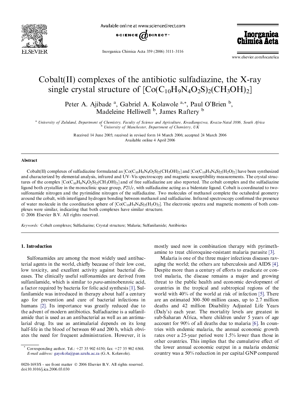 Cobalt(II) complexes of the antibiotic sulfadiazine, the X-ray single crystal structure of [Co(C10H9N4O2S)2(CH3OH)2]