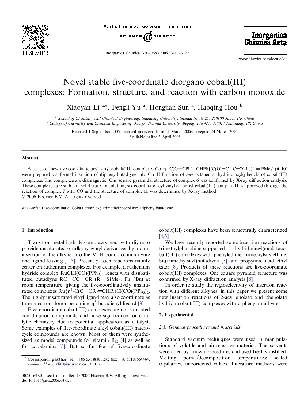 Novel stable five-coordinate diorgano cobalt(III) complexes: Formation, structure, and reaction with carbon monoxide