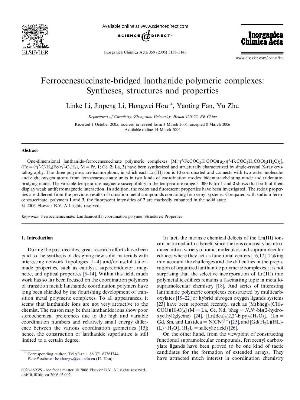 Ferrocenesuccinate-bridged lanthanide polymeric complexes: Syntheses, structures and properties