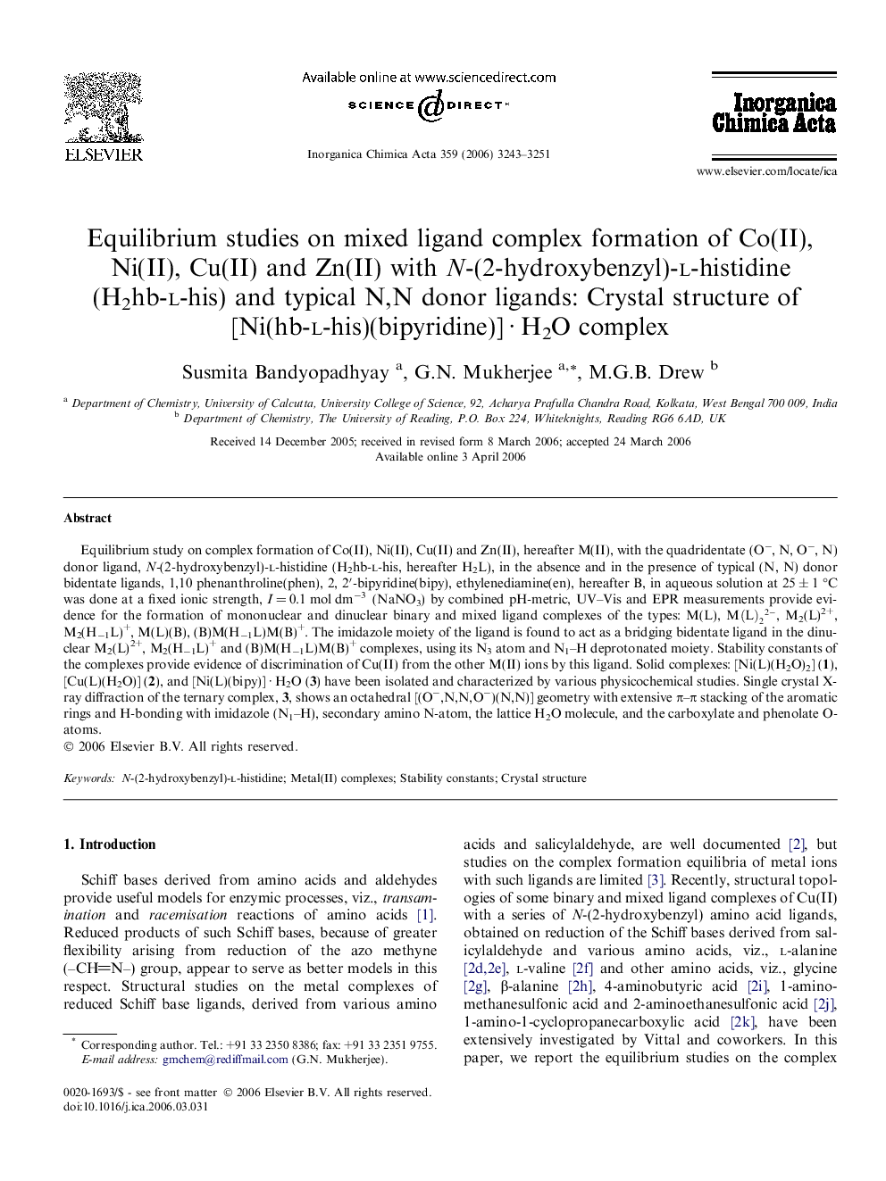 Equilibrium studies on mixed ligand complex formation of Co(II), Ni(II), Cu(II) and Zn(II) with N-(2-hydroxybenzyl)-l-histidine (H2hb-l-his) and typical N,N donor ligands: Crystal structure of [Ni(hb-l-his)(bipyridine)] · H2O complex