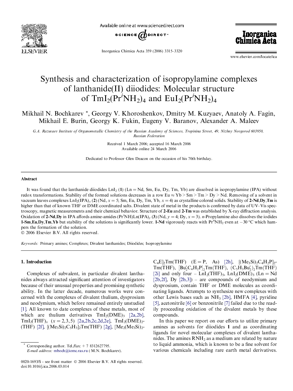 Synthesis and characterization of isopropylamine complexes of lanthanide(II) diiodides: Molecular structure of TmI2(PriNH2)4 and EuI2(PriNH2)4