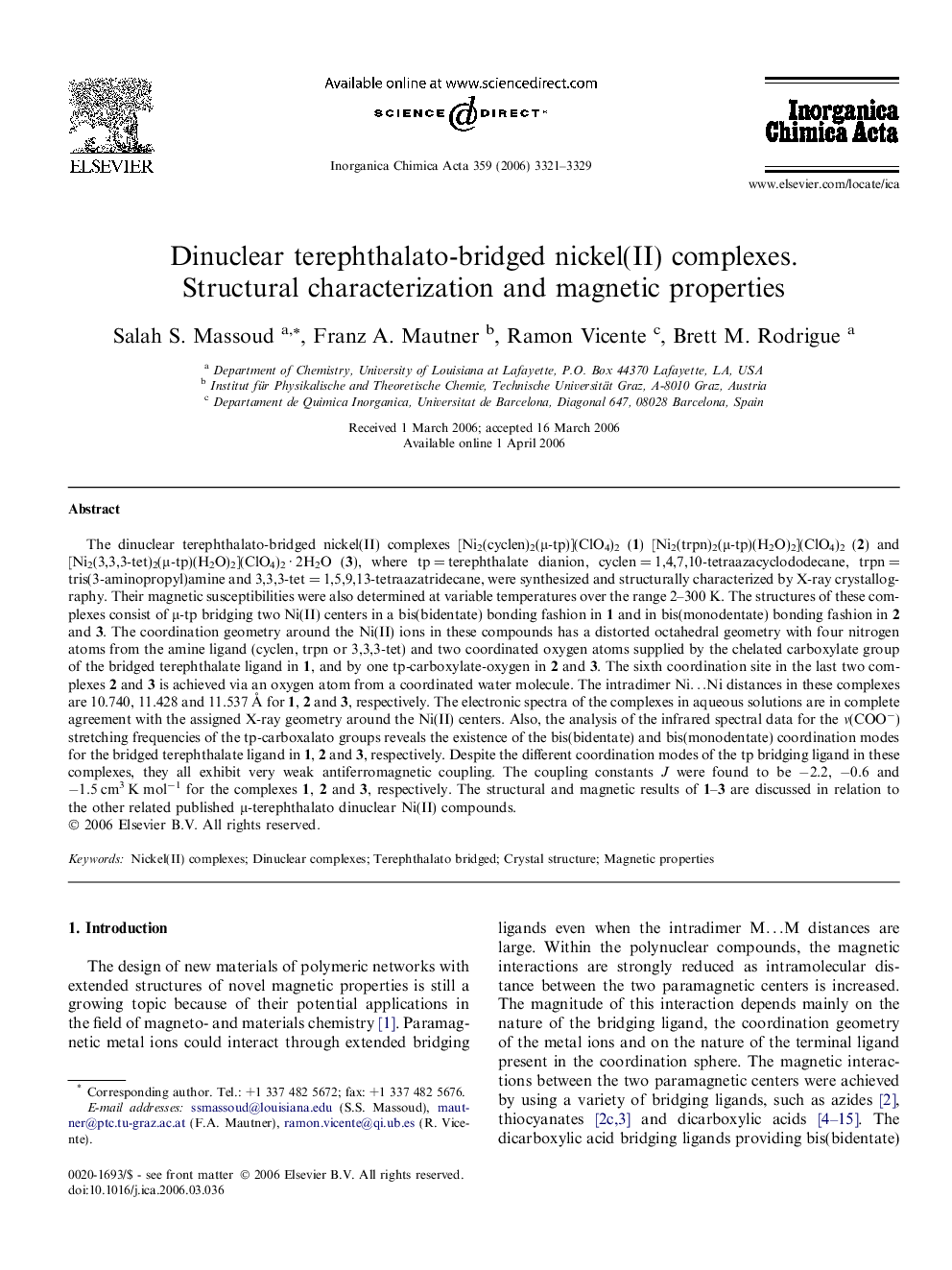 عکس صفحه اول مقاله: Dinuclear terephthalato-bridged nickel(II) complexes. Structural characterization and magnetic properties Dinuclear terephthalato-bridged nickel(II) complexes. Structural characterization and magnetic properties