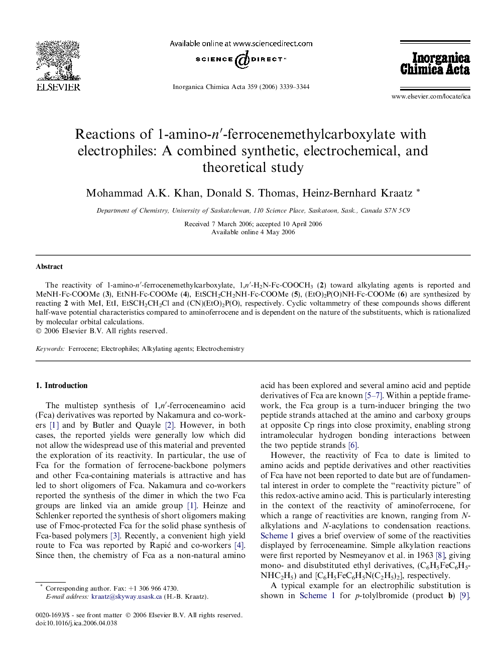 Reactions of 1-amino-nâ²-ferrocenemethylcarboxylate with electrophiles: A combined synthetic, electrochemical, and theoretical study