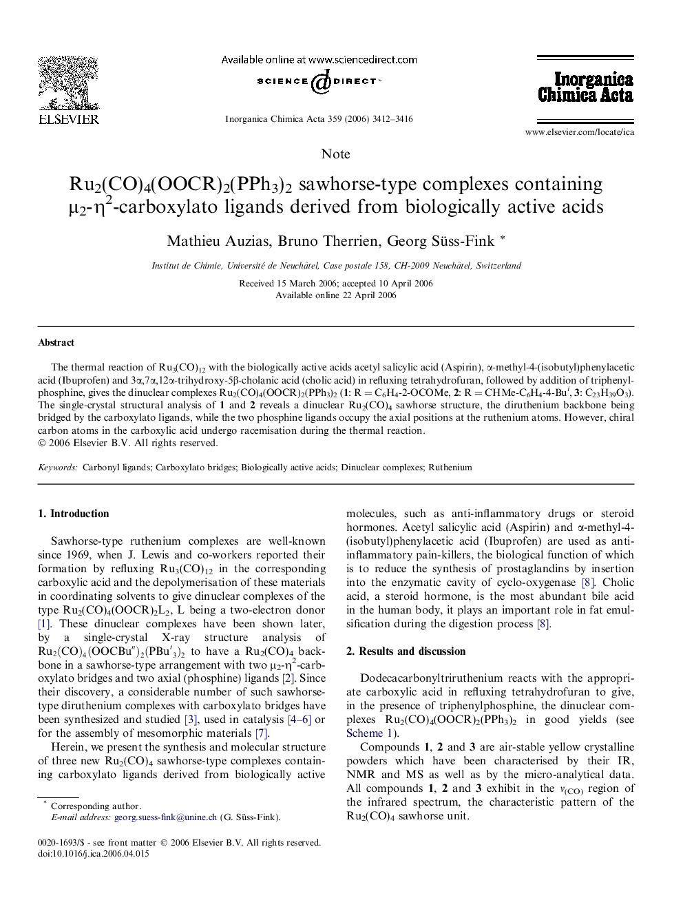 Ru2(CO)4(OOCR)2(PPh3)2 sawhorse-type complexes containing μ2-η2-carboxylato ligands derived from biologically active acids