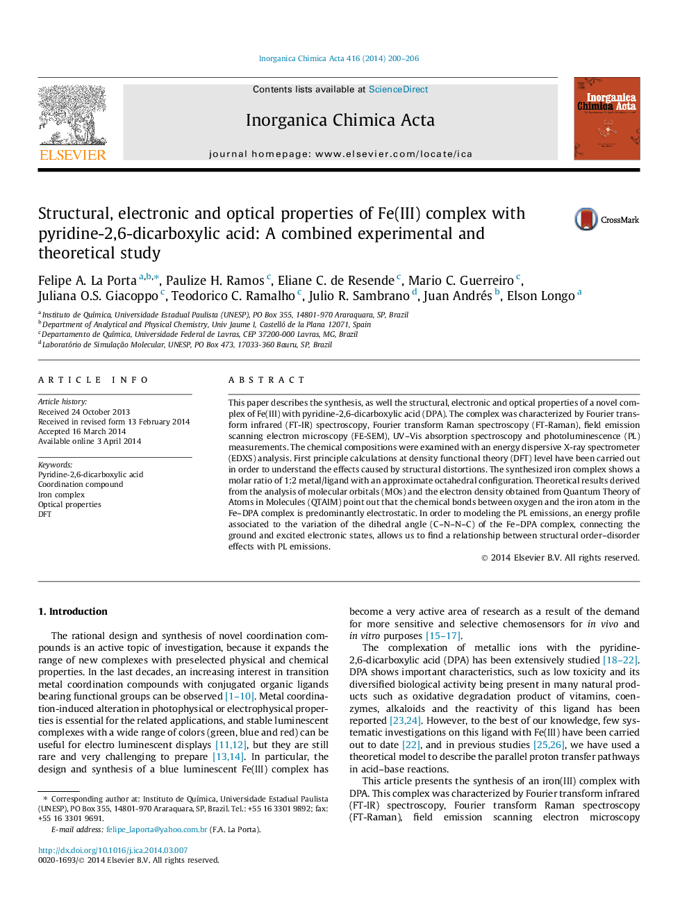 Structural, electronic and optical properties of Fe(III) complex with pyridine-2,6-dicarboxylic acid: A combined experimental and theoretical study