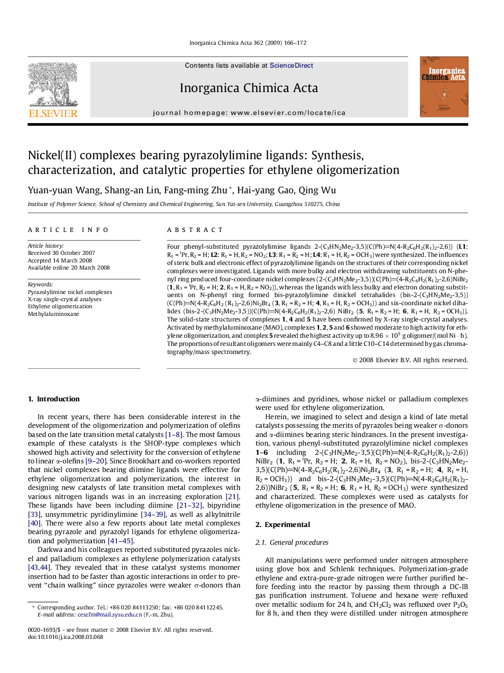 Nickel(II) complexes bearing pyrazolylimine ligands: Synthesis, characterization, and catalytic properties for ethylene oligomerization