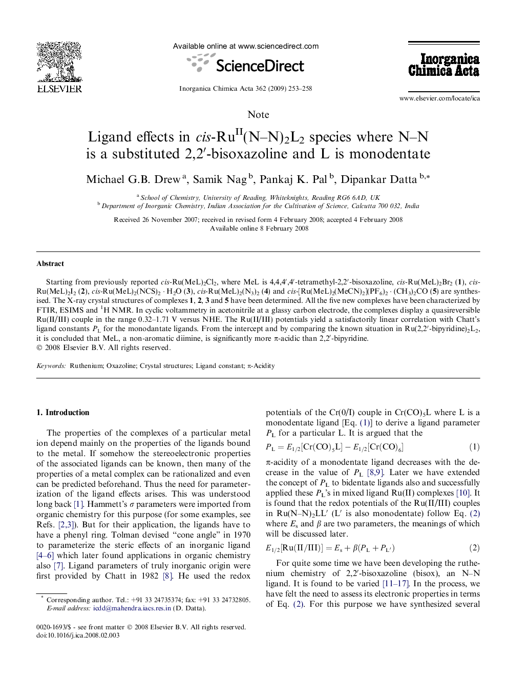 Ligand effects in cis-RuII(N-N)2L2 species where N-N is a substituted 2,2â²-bisoxazoline and L is monodentate